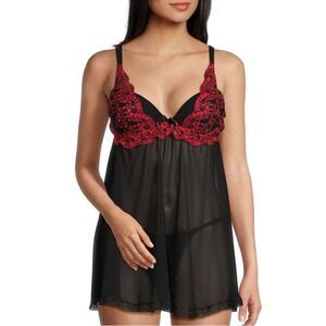SW by Cinema ETOILE L Black Red Embroidered Chiffon Intimate Gown with Thong
